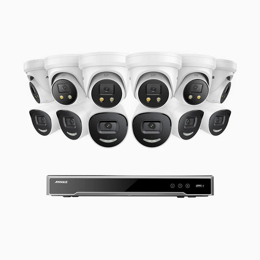 ANNKE H800X - 4K 16 Channel PoE Security System with 6 Bullet & 6 Turret Cameras, 1/1.8'' BSI Sensor, f/1.6 Aperture (0.003 Lux), Siren & Strobe Alarm,Two-Way Audio, Human & Vehicle Detection, Perimeter Protection, Works with Alexa, All-Metal Housing