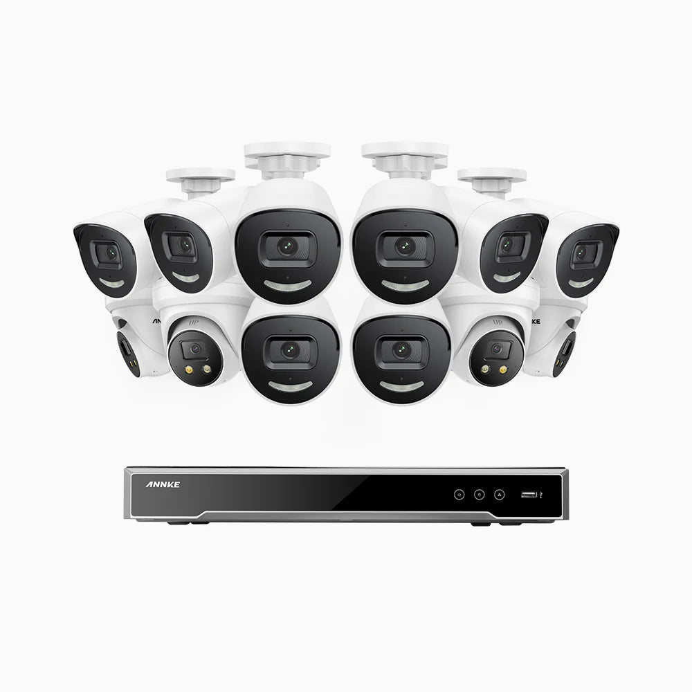 ANNKE H800X - 4K 16 Channel PoE Security System with 8 Bullet & 4 Turret Cameras, 1/1.8'' BSI Sensor, f/1.6 Aperture (0.003 Lux), Siren & Strobe Alarm,Two-Way Audio, Human & Vehicle Detection, Perimeter Protection, Works with Alexa, All-Metal Housing