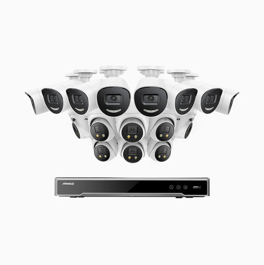 ANNKE H800X - 4K 16 Channel PoE Security System with 8 Bullet & 8 Turret Cameras, 1/1.8'' BSI Sensor, f/1.6 Aperture (0.003 Lux), Siren & Strobe Alarm,Two-Way Audio, Human & Vehicle Detection, Perimeter Protection, Works with Alexa, All-Metal Housing