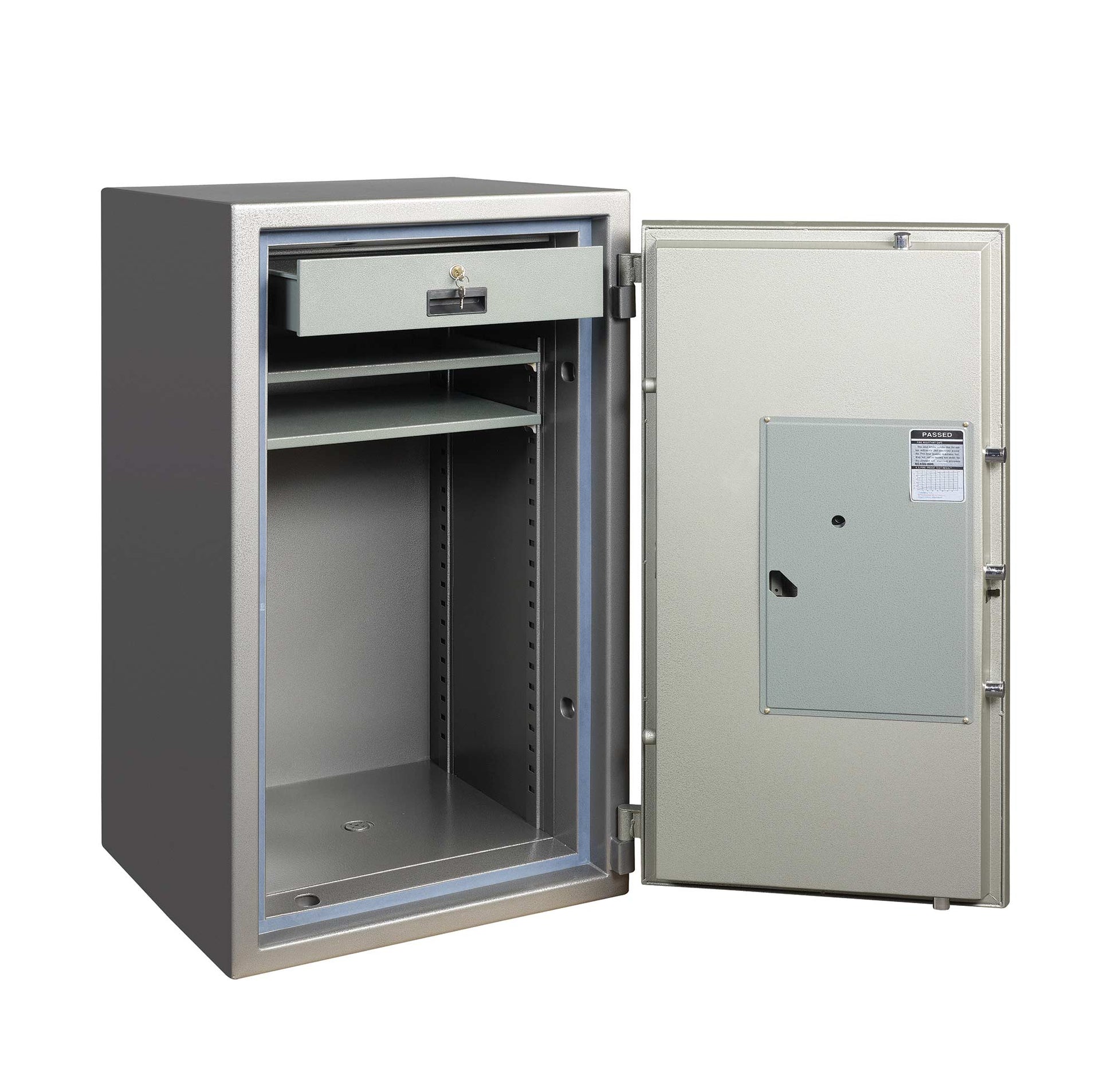 Open Gardall Two-Hour Record Safe showing adjustable shelving for documents and records