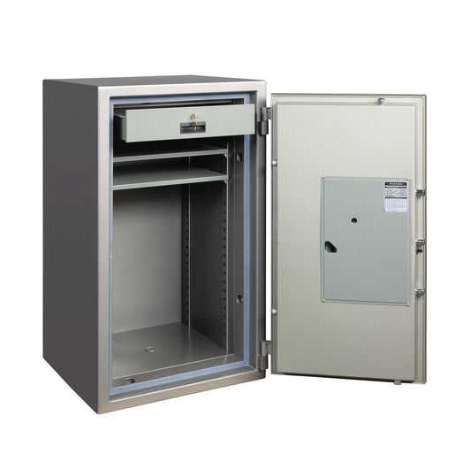 Open Gardall Two-Hour Record Safe showing adjustable shelving for documents and records
