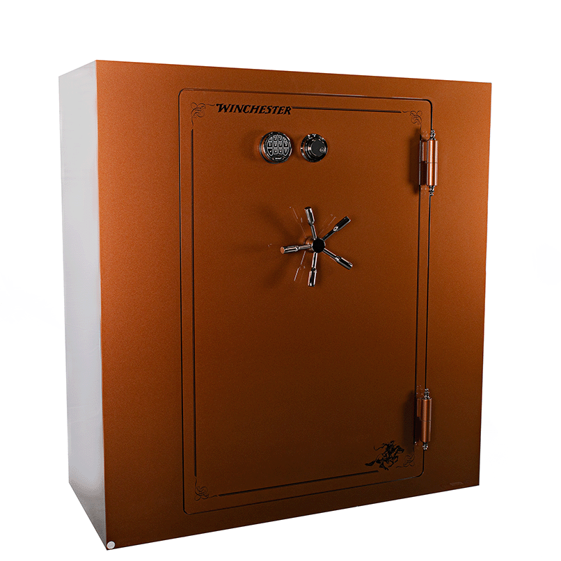 Winchester USA Made Western 6056 Gun Safe – front view with Winchester logo and chrome handle

Open Winchester Western 6056 gun safe showing adjustable shelves and rifle racks

Close-up of Winchester 6056 locking bolts and reinforced steel door frame

Interior view of Winchester fire-rated gun safe with door organizer and handguns

Side view of Winchester Western 6056 USA made gun safe with powder-coated finish

Winchester fireproof gun safe with UL listed electronic lock and chrome handle detail