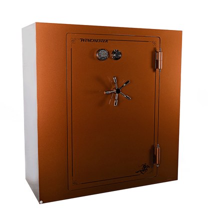 Winchester USA Made Western 6056 Gun Safe – front view with Winchester logo and chrome handle

Open Winchester Western 6056 gun safe showing adjustable shelves and rifle racks

Close-up of Winchester 6056 locking bolts and reinforced steel door frame

Interior view of Winchester fire-rated gun safe with door organizer and handguns

Side view of Winchester Western 6056 USA made gun safe with powder-coated finish

Winchester fireproof gun safe with UL listed electronic lock and chrome handle detail