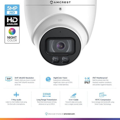 Amcrest 5-Megapixel UltraHD 8 Channel DVR Security Camera System Recorder, (4) x 5-Megapixel IP67 Weatherproof Turret Analog Cameras, Pre-Installed 2TB Hard Drive, AMDV5M8-4TN-W-2TB