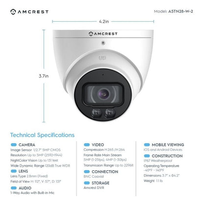 Amcrest 5-Megapixel UltraHD 8 Channel DVR Security Camera System Recorder, (4) x 5-Megapixel IP67 Weatherproof Turret Analog Cameras, Pre-Installed 2TB Hard Drive, AMDV5M8-4TN-W-2TB