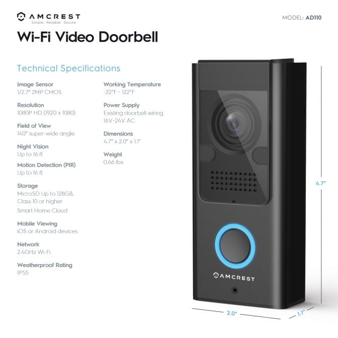 Amcrest SmartHome Video Doorbell Camera, 2.4 GHz WiFi Doorbell Camera, IP55 Weatherproof, Two-Way Audio, 140º Wide Angle, AD110