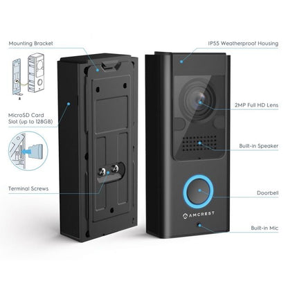 Amcrest SmartHome Video Doorbell Camera, 2.4 GHz WiFi Doorbell Camera, IP55 Weatherproof, Two-Way Audio, 140º Wide Angle, AD110