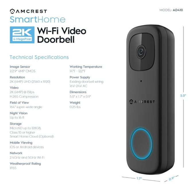 Amcrest 4MP Doorbell Camera 2.4GHz/5GHz WiFi Doorbell Camera AD410