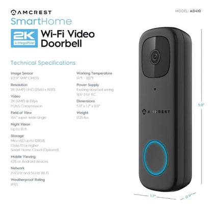 Amcrest 4MP Doorbell Camera 2.4GHz/5GHz WiFi Doorbell Camera AD410