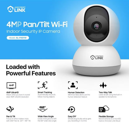 Amcrest Link 4MP WiFi Security Camera Pan/Tilt 2.4Ghz White AL-P401W
