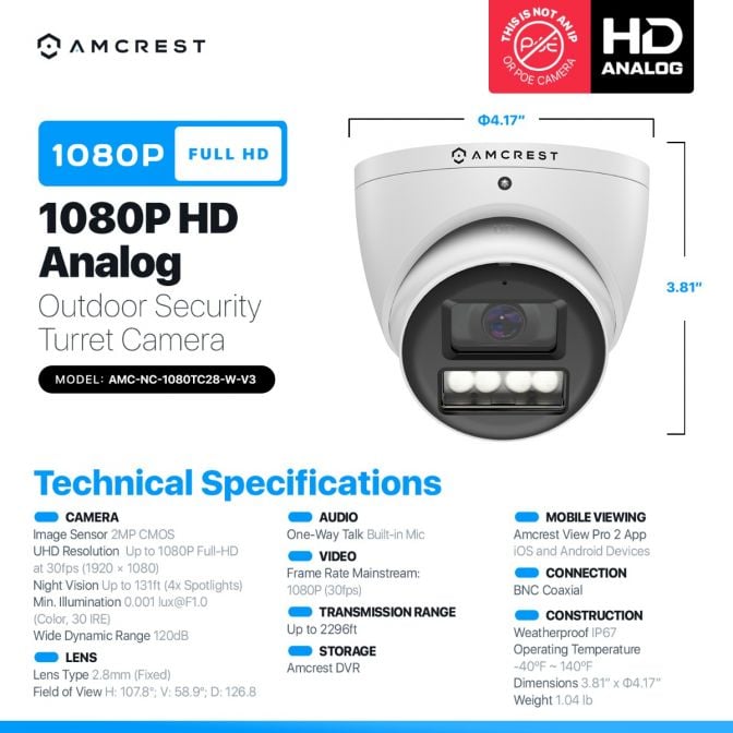 Amcrest 2MP Night Color Turret Analog Camera