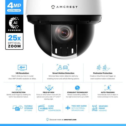 Amcrest 4MP Outdoor PTZ POE+ IP Camera PTZ Optical 25x IP4M-1068EW-AI