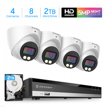 Amcrest 5-Megapixel UltraHD 8 Channel DVR Security Camera System Recorder, (4) x 5-Megapixel IP67 Weatherproof Turret Analog Cameras, Pre-Installed 2TB Hard Drive, AMDV5M8-4TN-W-2TB