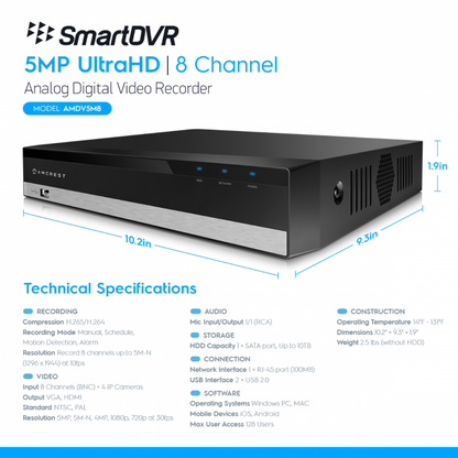 Amcrest 5-Megapixel UltraHD 8 Channel DVR Security Camera System Recorder, 5-Megapixel Security DVR for Analog Security Cameras, Remote Smartphone Access, HDD & Cameras NOT Included (AMDV5M8)