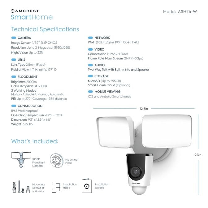Amcrest SmartHome 2MP WiFi Camera Floodlight Built-in Siren ASH26-W