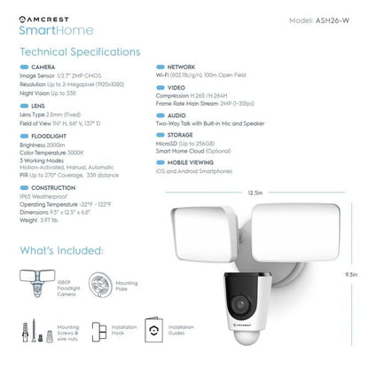 Amcrest SmartHome 2MP WiFi Camera Floodlight Built-in Siren ASH26-W
