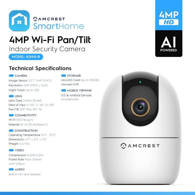 Amcrest SmartHome 4-Megapixel AI Human Detection, WiFi Camera Indoor