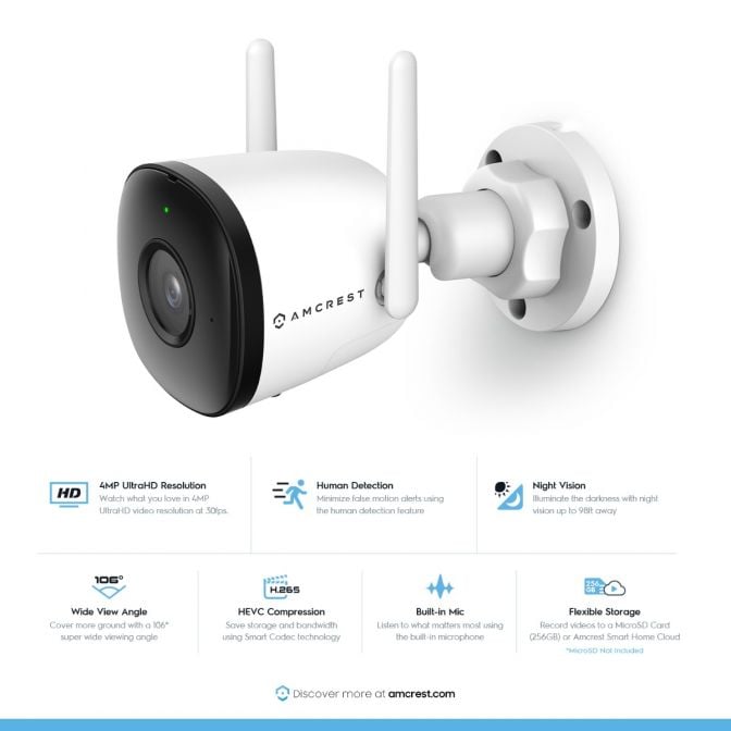 Amcrest SmartHome 4MP Outdoor Bullet WiFi Camera Built-in Mic ASH43-W