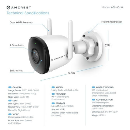 Amcrest SmartHome 4MP Outdoor Bullet WiFi Camera Built-in Mic ASH43-W