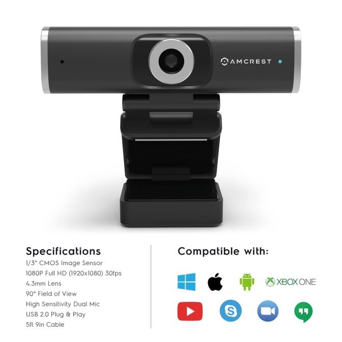 Amcrest 2MP Webcam w/ Microphone & Privacy Cover USB Camera AWC195-B