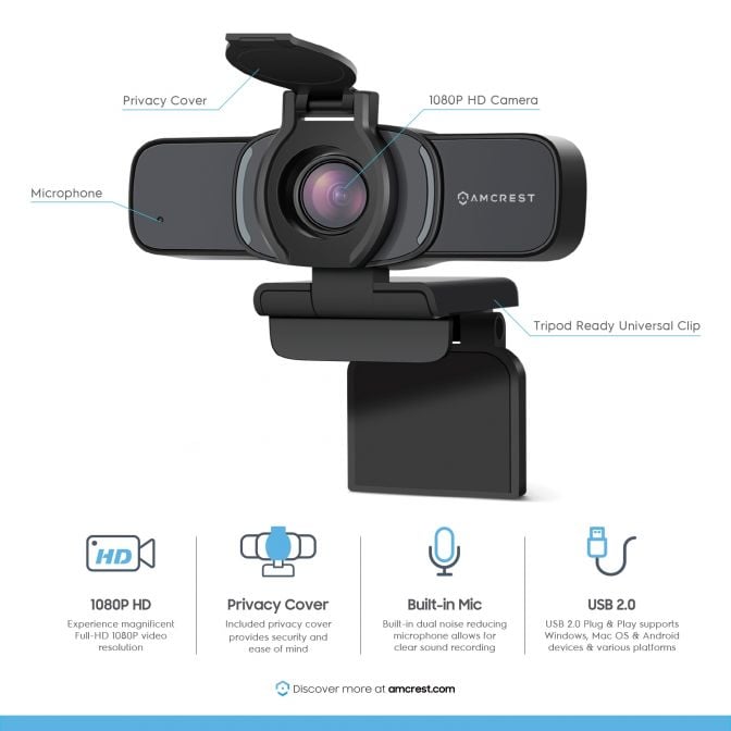 Amcrest 2MP Webcam w/ Microphone & Privacy Cover USB Camera AWC201-B