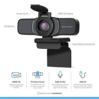 Amcrest 2MP Webcam w/ Microphone & Privacy Cover USB Camera AWC201-B