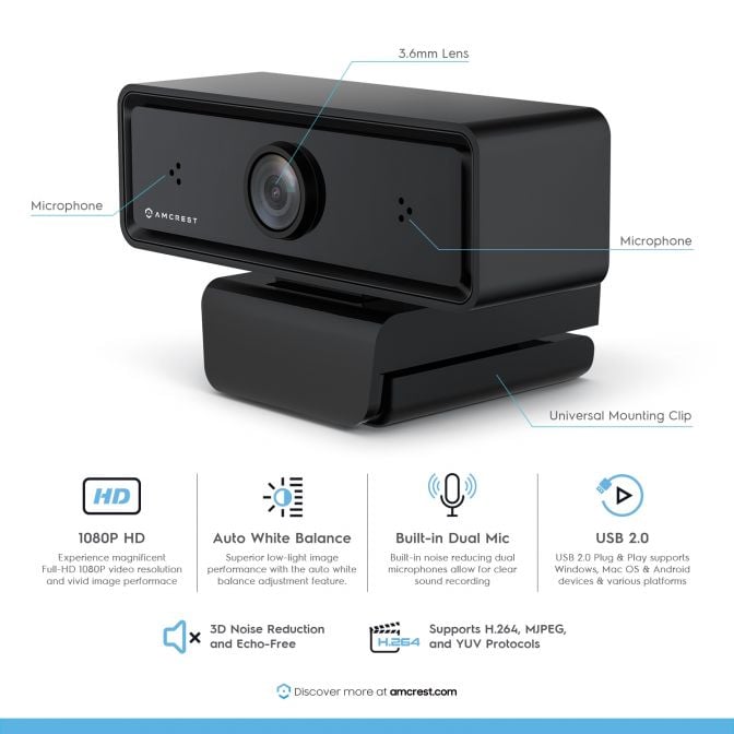 Amcrest Dual-Mic 1080P Webcam w/ Two Microphone USB Webcam AWC2198