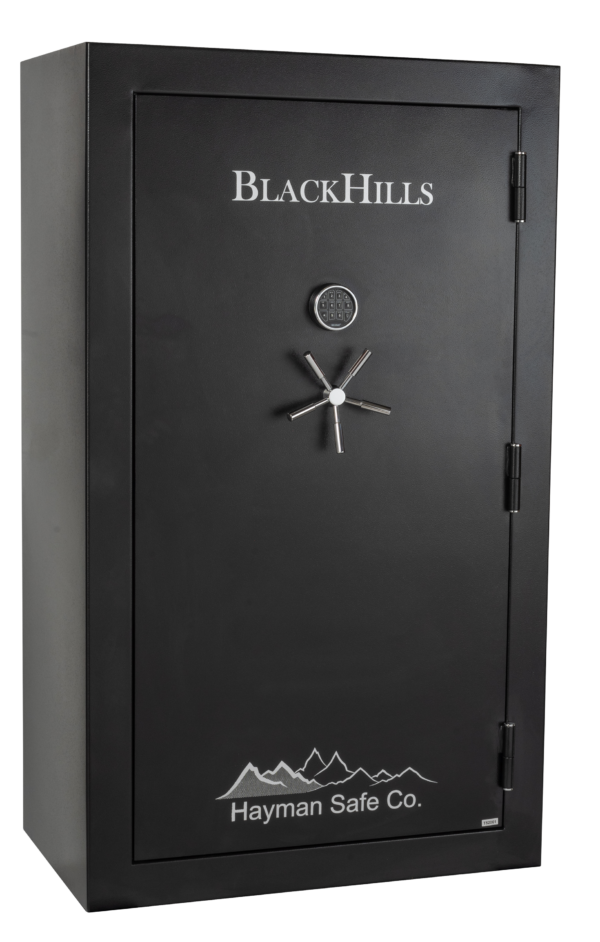 BlackHills BH 7242 E Mid-Level Gun Safe – front view with digital keypad and handle

Open BlackHills BH 7242 E safe showing rifle racks and adjustable shelves

Close-up of BlackHills BH 7242 E electronic lock and steel bolts

Interior view of BlackHills gun safe with LED lighting and door organizer

Side profile of BlackHills BH 7242 E fire-rated safe showing powder-coated finish