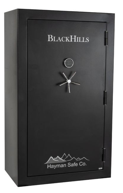 BlackHills BH 7242 E Mid-Level Gun Safe – front view with digital keypad and handle

Open BlackHills BH 7242 E safe showing rifle racks and adjustable shelves

Close-up of BlackHills BH 7242 E electronic lock and steel bolts

Interior view of BlackHills gun safe with LED lighting and door organizer

Side profile of BlackHills BH 7242 E fire-rated safe showing powder-coated finish