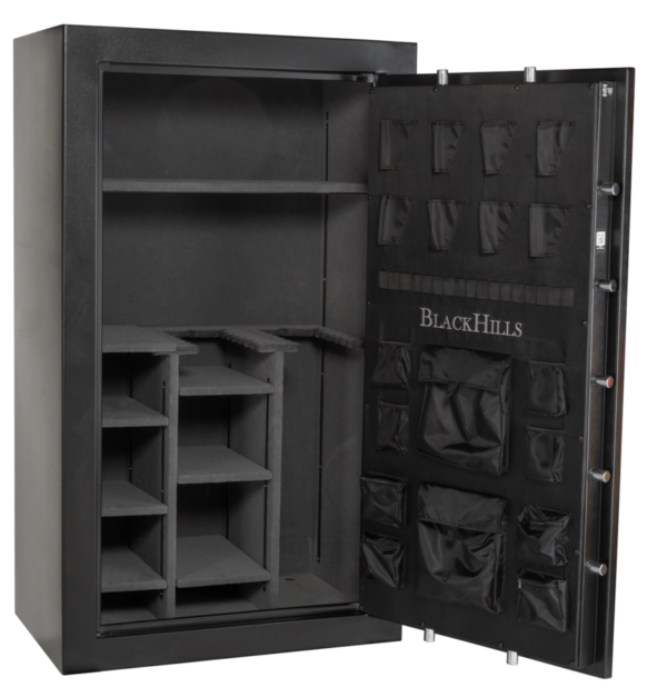 BlackHills BH 7242 E Mid-Level Gun Safe – front view with digital keypad and handle

Open BlackHills BH 7242 E safe showing rifle racks and adjustable shelves

Close-up of BlackHills BH 7242 E electronic lock and steel bolts

Interior view of BlackHills gun safe with LED lighting and door organizer

Side profile of BlackHills BH 7242 E fire-rated safe showing powder-coated finish