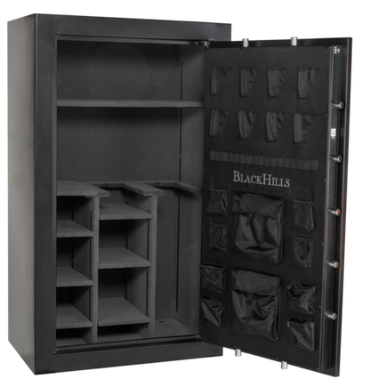 BlackHills BH 7242 E Mid-Level Gun Safe – front view with digital keypad and handle

Open BlackHills BH 7242 E safe showing rifle racks and adjustable shelves

Close-up of BlackHills BH 7242 E electronic lock and steel bolts

Interior view of BlackHills gun safe with LED lighting and door organizer

Side profile of BlackHills BH 7242 E fire-rated safe showing powder-coated finish