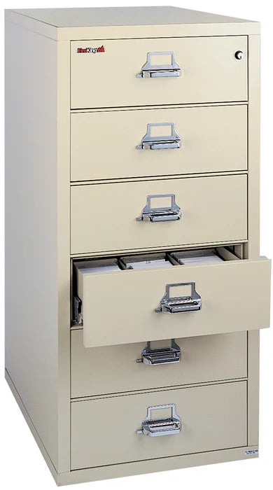 FireKing 1-Hour Fire Rated Card, Check & Note File Cabinet – 4-Drawer model in platinum finish

FireKing 6-Drawer fireproof file cabinet with drawers open showing card and check storage compartments

Close-up of FireKing UL-rated fire label and key lock on fireproof steel filing cabinet drawer

FireKing 1-Hour fire-rated filing cabinet placed in office setting for secure record storage

Side view of FireKing 1-Hour Fire Rated File Cabinet showing fire-resistant steel construction

FireKing fireproof 4-drawe