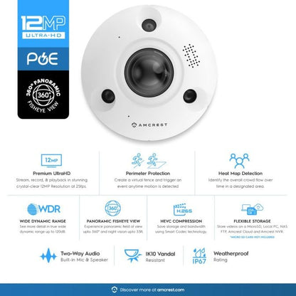 Amcrest UltraHD 12MP AI POE IP Fisheye Camera IP12M-F2380EW