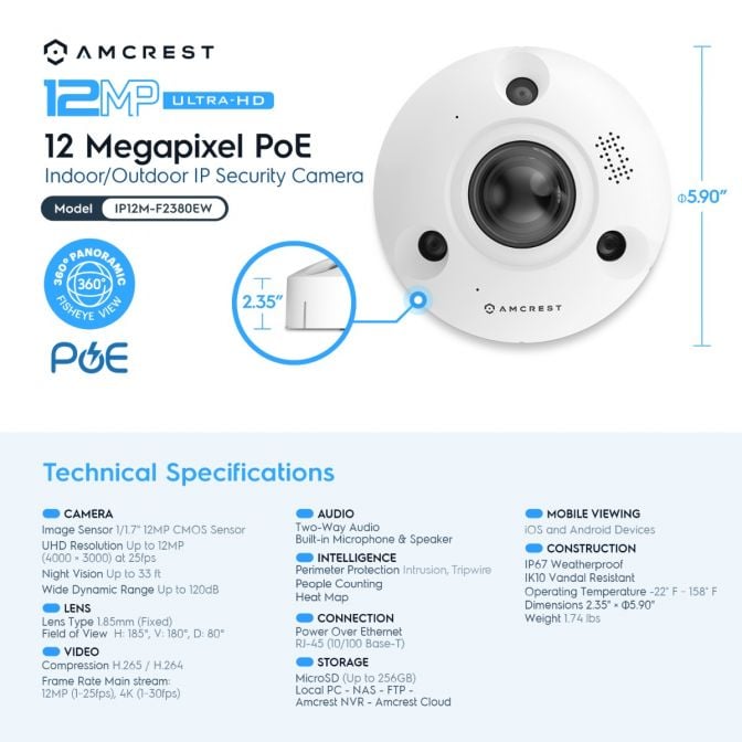 Amcrest UltraHD 12MP AI POE IP Fisheye Camera IP12M-F2380EW
