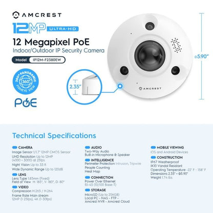 Amcrest UltraHD 12MP AI POE IP Fisheye Camera IP12M-F2380EW