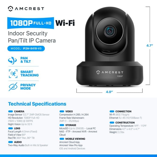 Amcrest 2MP WiFi Security Camera Pan/Tilt Black IP2M-841B-V3