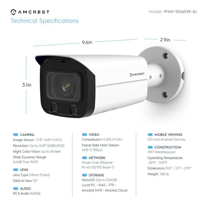 Amcrest 4MP AI IP PoE Bullet Camera NightColor IVS IP4M-1046EW-AI