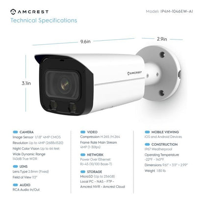 Amcrest 4MP AI IP PoE Bullet Camera NightColor IVS IP4M-1046EW-AI