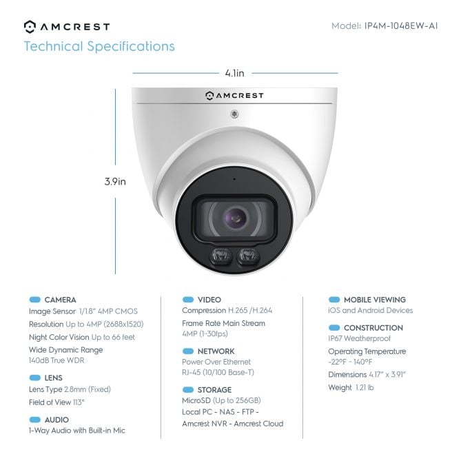 Amcrest 4MP PoE Turret Camera NightColor Built-in Mic IP4M-1048EW-AI