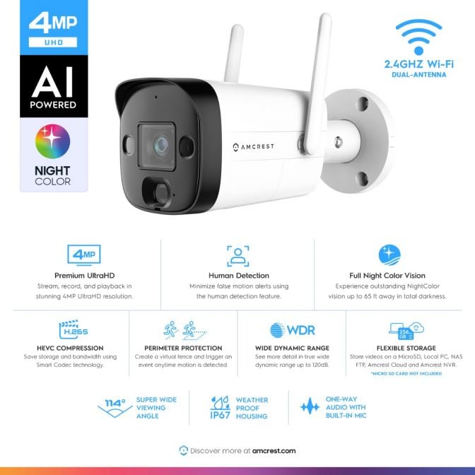 Amcrest 4MP Outdoor Security WiFi Camera AI 65ft NightColor IP4M-1052W-AI