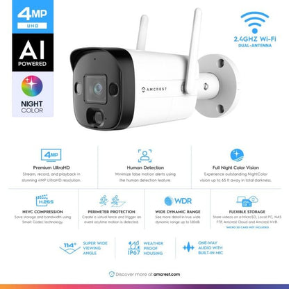 Amcrest 4MP Outdoor Security WiFi Camera AI 65ft NightColor IP4M-1052W-AI