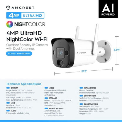 Amcrest 4MP Outdoor Security WiFi Camera AI 65ft NightColor IP4M-1052W-AI