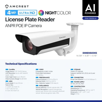 Amcrest 4MP UltraHD License Plate Reader ANPR AI IP Camera Bullet IP4M-1062EW-AI