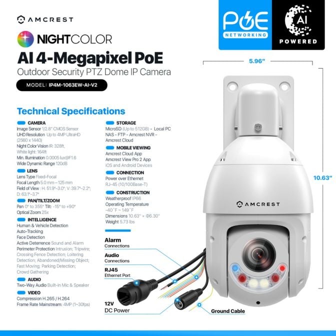Amcrest 4MP Outdoor PTZ POE+ IP Camera PTZ Optical 25x IP4M-1063EW-AI-V2