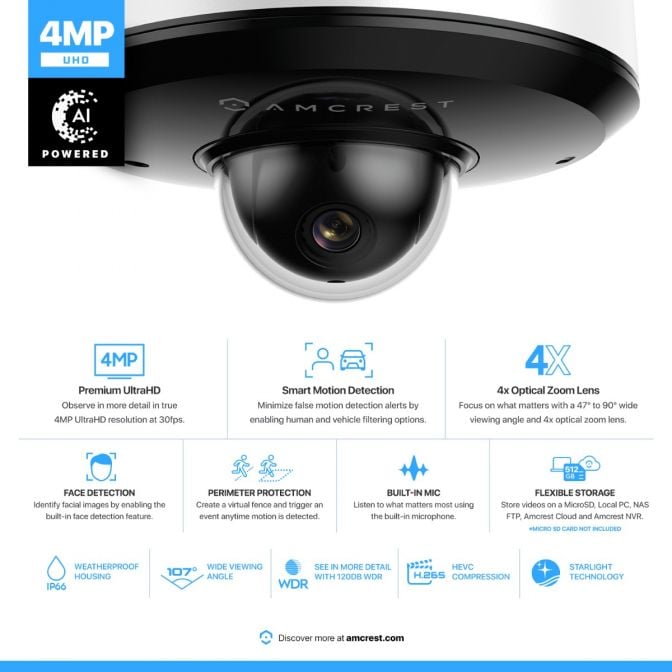 Amcrest 4MP PTZ PoE Camera 4x Optical Zoom IP66, IK08, IP4M-1066EW