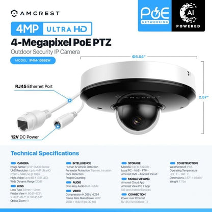 Amcrest 4MP PTZ PoE Camera 4x Optical Zoom IP66, IK08, IP4M-1066EW