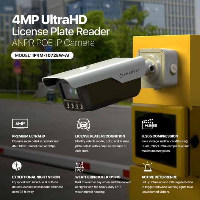 Amcrest 4MP UltraHD License Plate Reader ANPR AI IP Camera Bullet IP4M-1072EW-AI