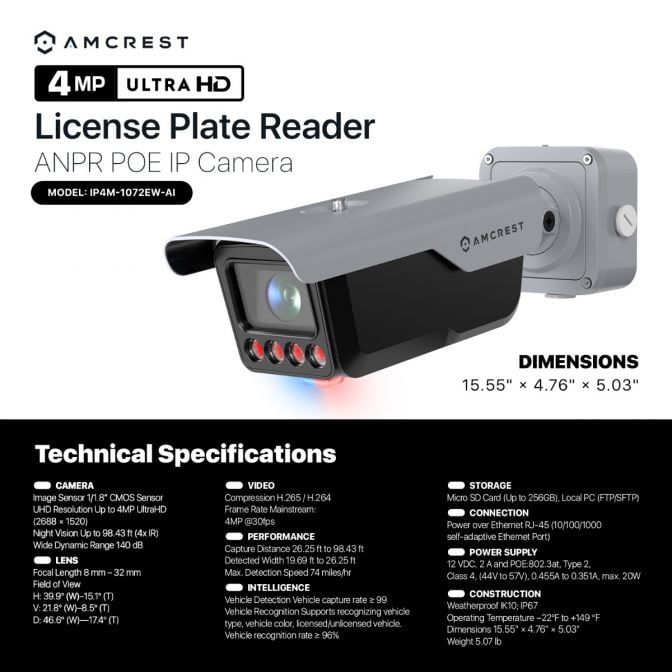 Amcrest 4MP UltraHD License Plate Reader ANPR AI IP Camera Bullet IP4M-1072EW-AI