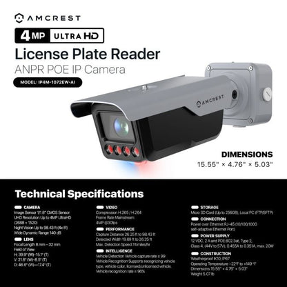 Amcrest 4MP UltraHD License Plate Reader ANPR AI IP Camera Bullet IP4M-1072EW-AI