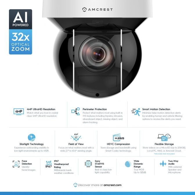 Amcrest 4MP Outdoor PTZ POE + IP Camera Pan Tilt Zoom (Optical 32x Motorized) UltraHD POE+ Camera Security Speed Dome, CMOS Image Sensor, 492ft Night Vision, POE+ (802.3at) IP67, 4MP, IP4M-1083EW-AI